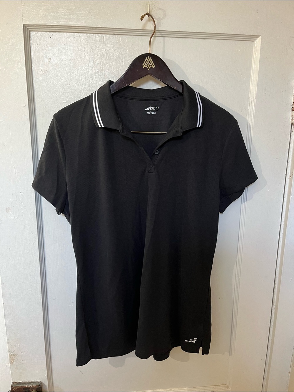 BCG Women's Black Performance Polo Shirt Short Sleeve Size XL Striped EUC